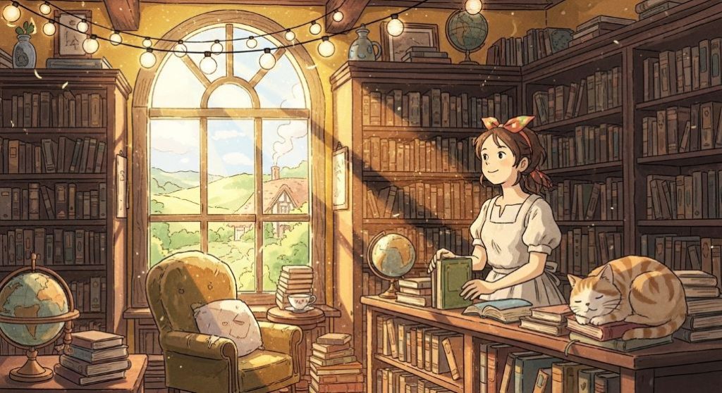 햇살이 비치는 아늑한 시골 책방에서 책을 정리하며 미소 짓는 사람. 따스하고 평화로운 분위기를 담고 있습니다.