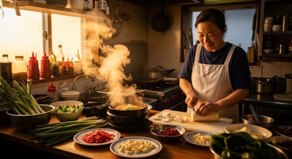 따뜻한 조명이 감도는 동네 식당 주방에서 맛있는 한식 요리가 준비되는 모습. 정성과 위로가 담긴 음식의 분위기를 표현합니다.