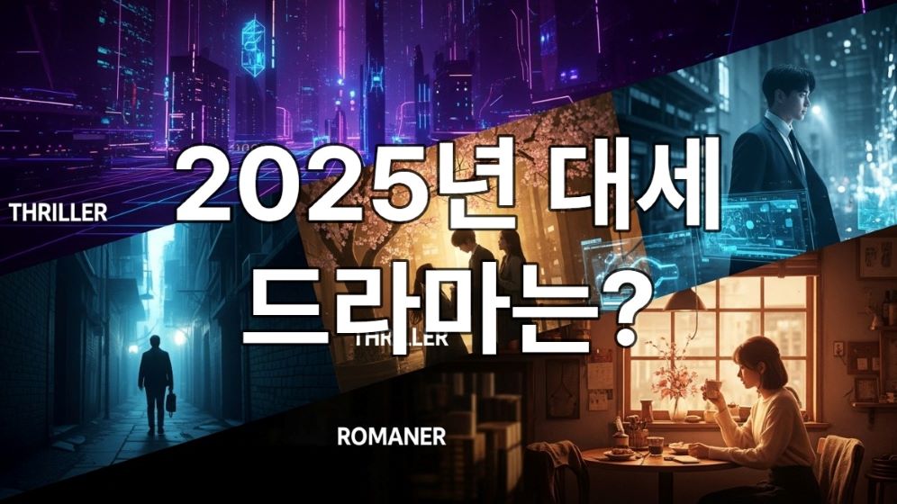 2025년 스트리밍 드라마 대세 장르를 시각적으로 표현한 다채로운 콜라주 이미지. 미래 도시의 SF 요소, 긴장감 넘치는 스릴러 장면, 따뜻한 로맨스 분위기가 보라색과 노란색 테마로 어우러져 드라마 선택의 폭을 상징합니다.
