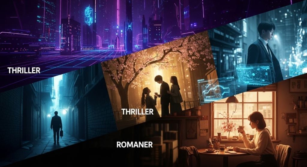 2025년 스트리밍 드라마 대세 장르를 시각적으로 표현한 다채로운 콜라주 이미지. 미래 도시의 SF 요소, 긴장감 넘치는 스릴러 장면, 따뜻한 로맨스 분위기가 보라색과 노란색 테마로 어우러져 드라마 선택의 폭을 상징합니다.