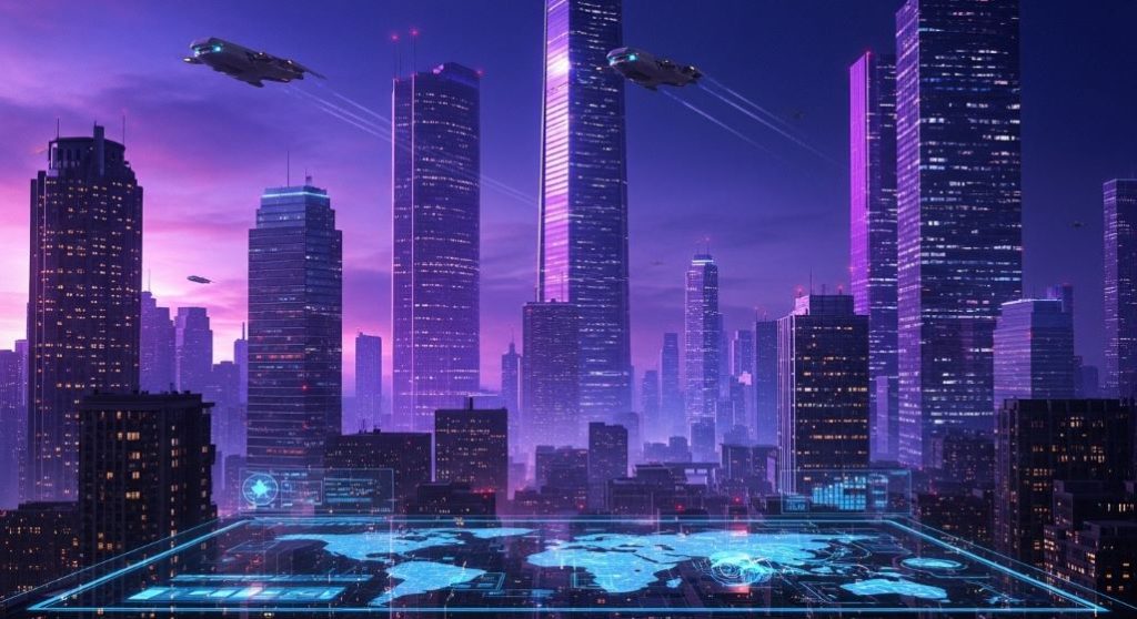 보라색과 파란색 네온 조명이 빛나는 미래 도시의 밤 풍경. 하늘을 가로지르는 비행체와 홀로그램 지도가 SF 드라마 '퀀텀 게이트'의 신비로운 분위기를 표현합니다.