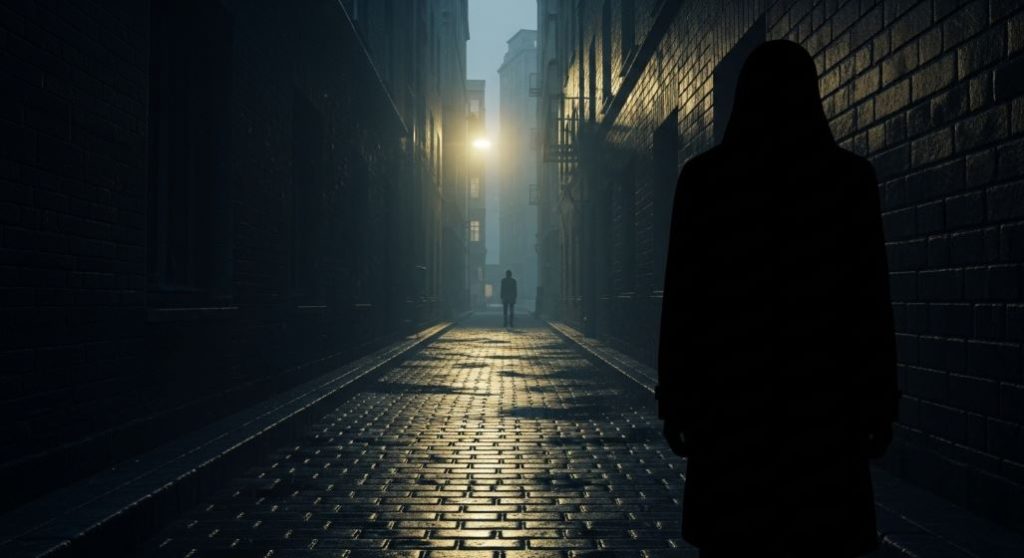 비 내리는 도시의 어두운 골목길. 멀리서 비치는 가로등 빛과 깊은 그림자가 스릴러 드라마 '침묵의 목격자'의 긴장감 넘치는 분위기를 연출합니다.