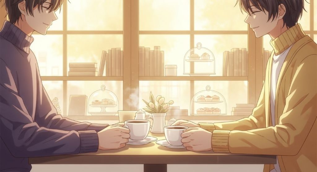 따뜻한 조명 아래 아늑한 카페에서 커피를 마시며 손을 맞잡고 미소 짓는 두 사람. 로맨스 드라마 '카페, 달콤한 인연'처럼 편안하고 설렘 가득한 분위기를 보여줍니다.