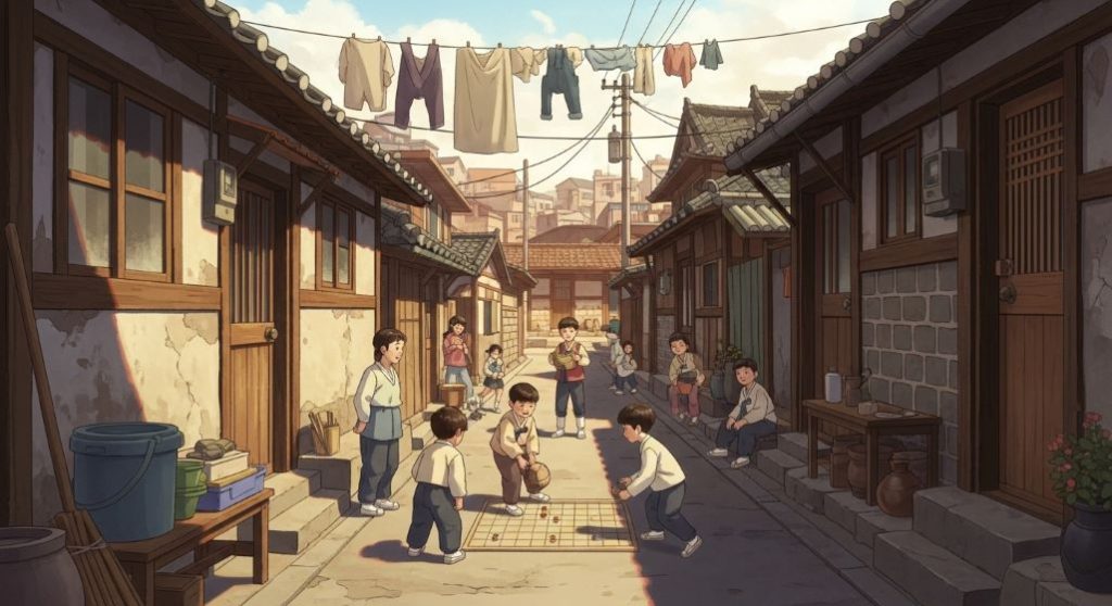 1988년 서울 쌍문동 골목에서 아이들이 뛰어노는 정겨운 풍경. 응답하라 1988의 따뜻한 공동체와 향수를 불러일으키는 장면.