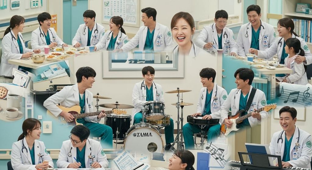 드라마 '슬기로운 의사생활'의 밴드 합주, 의사들의 우정, 환자와의 따뜻한 교류 등 핵심 장면을 담은 콜라주 이미지. 편안하고 따뜻한 분위기를 강조.