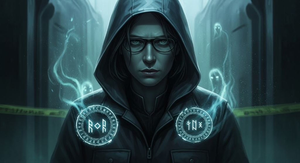 어둡고 신비로운 분위기 속에서 죽은 자의 목소리를 듣는 듯한 프로파일러가 미스터리한 사건 현장에 서 있는 모습.