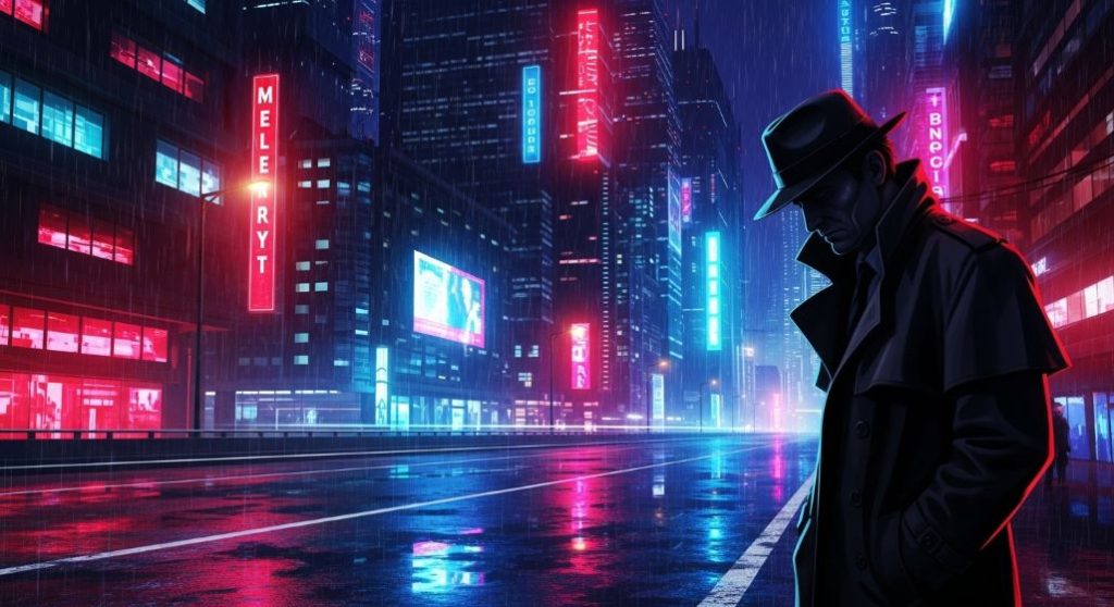 비 내리는 밤, 네온사인 불빛 가득한 미래 도시 거리에서 홀로 서 있는 형사의 실루엣. 도시의 어두운 이면을 탐색하는 느와르 스릴러 분위기.