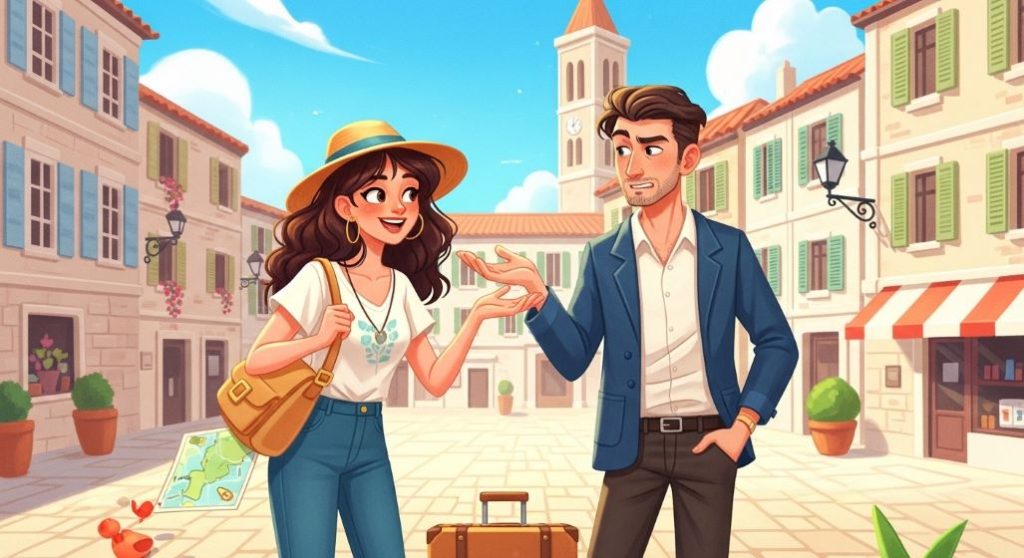 활기찬 유럽의 광장에서 유쾌하게 대화하는 여행 가이드와 관계 전문가. 따뜻하고 로맨틱한 분위기의 코미디 드라마를 표현합니다.