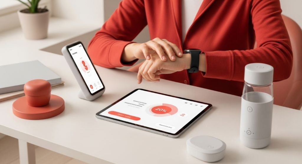 2025년 스마트워치와 태블릿으로 건강 데이터를 관리하며 셀프 메디케이션을 실천하는 현대인의 모습.