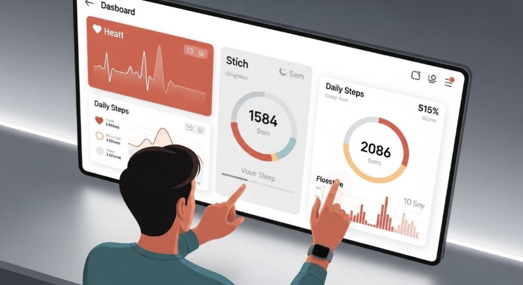 스마트폰 건강 앱으로 수면 패턴, 활동량 등 개인 건강 데이터를 기록하고 분석하는 모습.