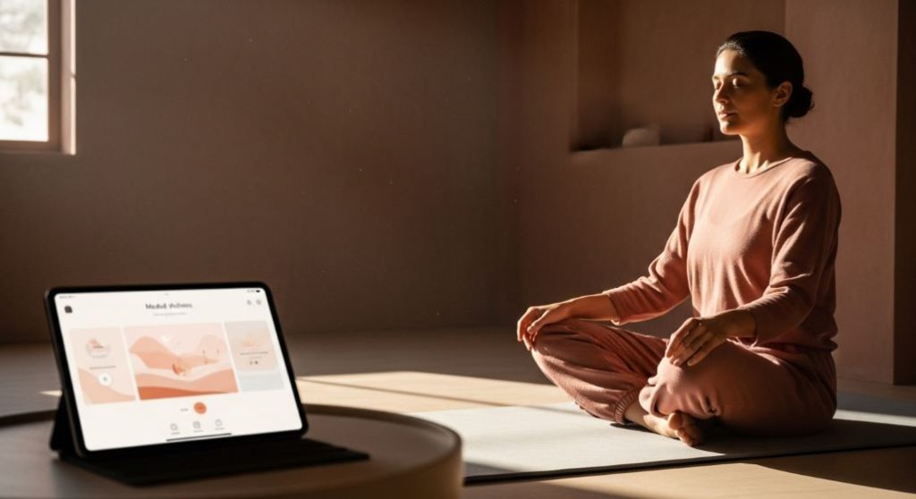 디지털 기기를 활용하여 명상하거나 스트레칭을 하며 디지털 웰니스를 실천하는 모습.