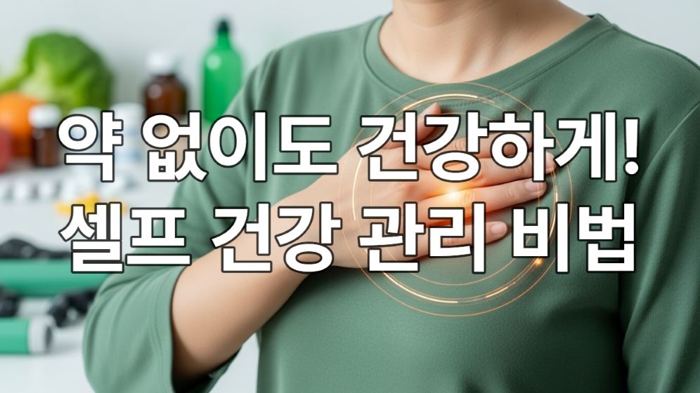 스스로 가슴에 손을 얹고 자신의 건강을 살피는 사람이 건강한 삶을 상징하는 녹색과 주황색 빛에 둘러싸여 있는 모습