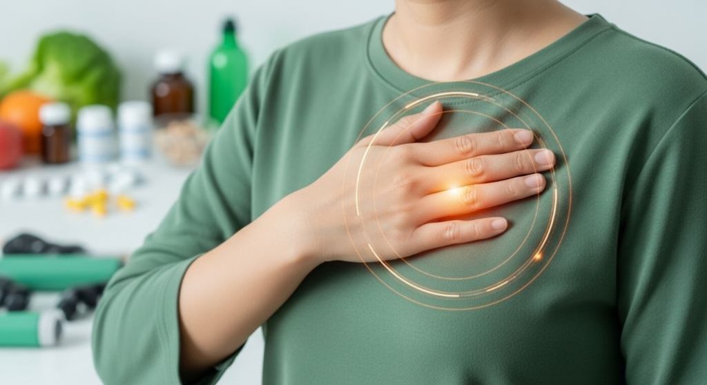 스스로 가슴에 손을 얹고 자신의 건강을 살피는 사람이 건강한 삶을 상징하는 녹색과 주황색 빛에 둘러싸여 있는 모습