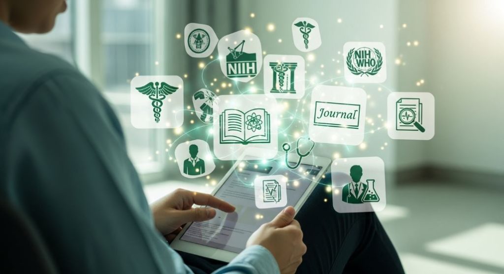 태블릿으로 신뢰할 수 있는 건강 정보를 검색하는 사람과 식약처 로고, 병원 아이콘 등 검증된 정보원을 상징하는 요소들.