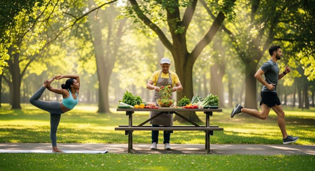 공원에서 요가, 조깅, 건강식 준비 등 다양한 건강 활동을 하는 사람들이 활기차고 긍정적인 분위기에서 생동감 넘치는 모습을 보여주고 있다.