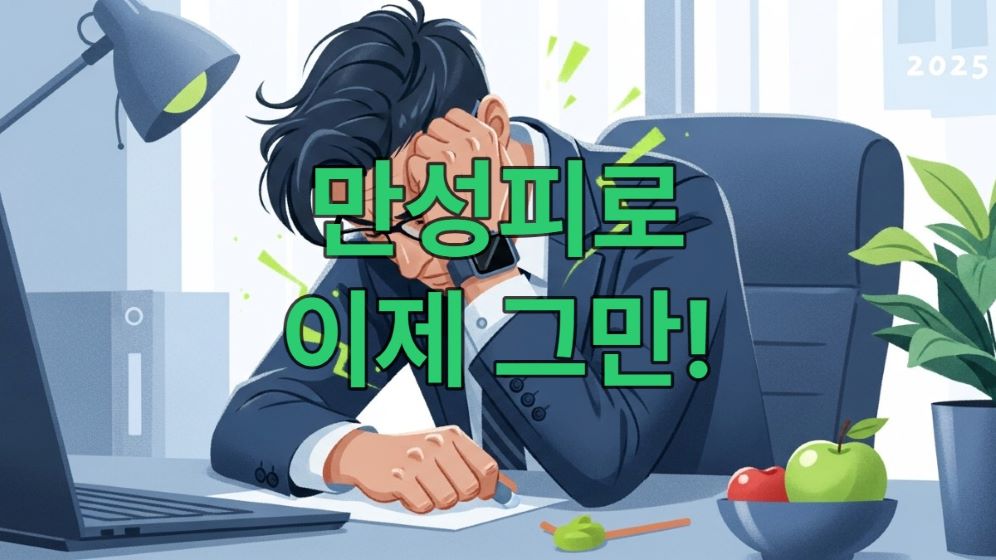 2025년 직장인이 만성피로를 극복하고 활기찬 일상을 되찾는 모습을 담은 현대적인 일러스트.