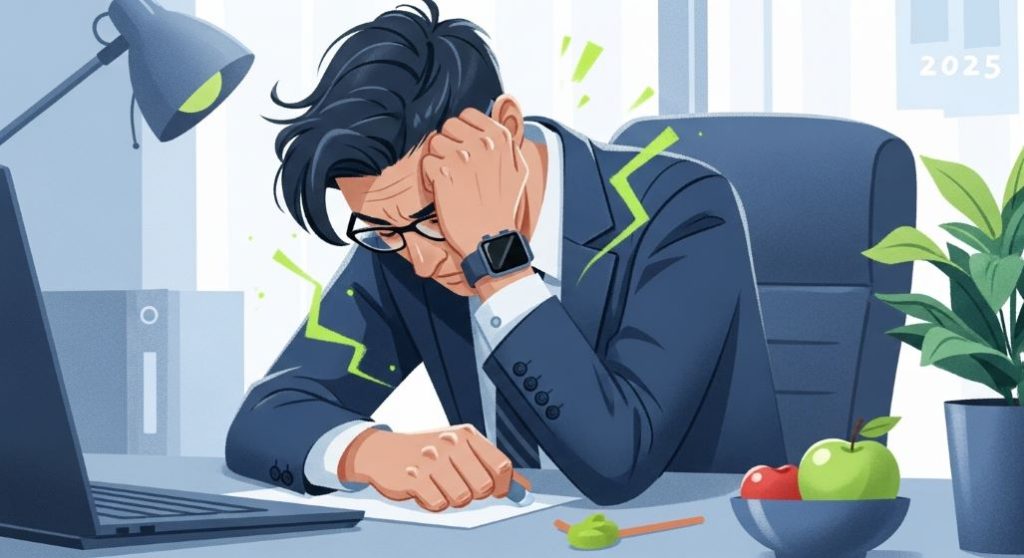 2025년 직장인이 만성피로를 극복하고 활기찬 일상을 되찾는 모습을 담은 현대적인 일러스트.