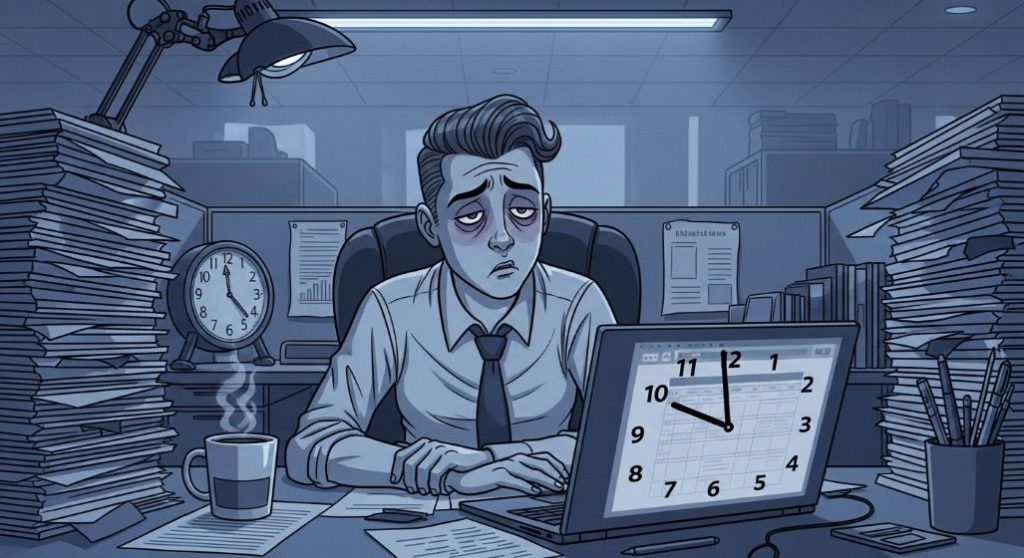밤늦게까지 업무에 지쳐 책상에 앉아 있는 피곤한 직장인.