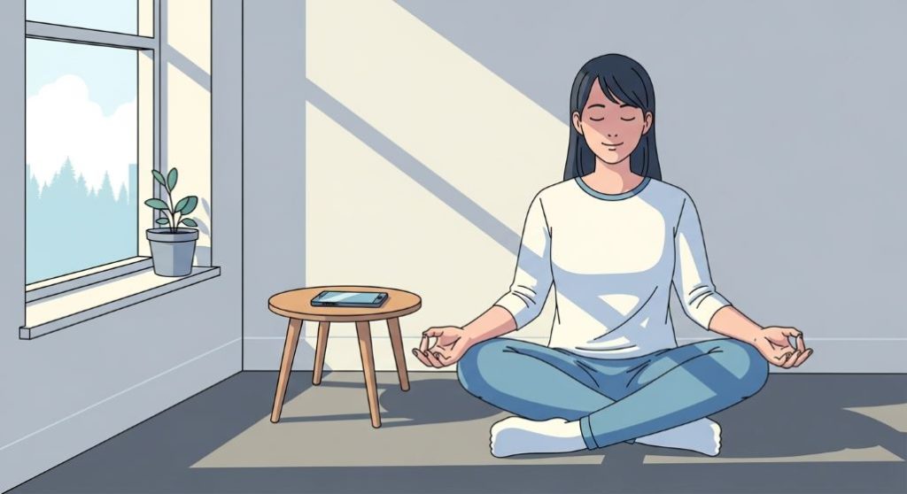 조용히 명상하며 디지털 디톡스를 실천하는 사람의 모습.
