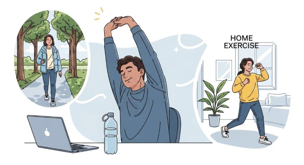 직장인이 일상 속에서 스트레칭, 산책 등 가벼운 셀프 케어 활동을 하는 모습.