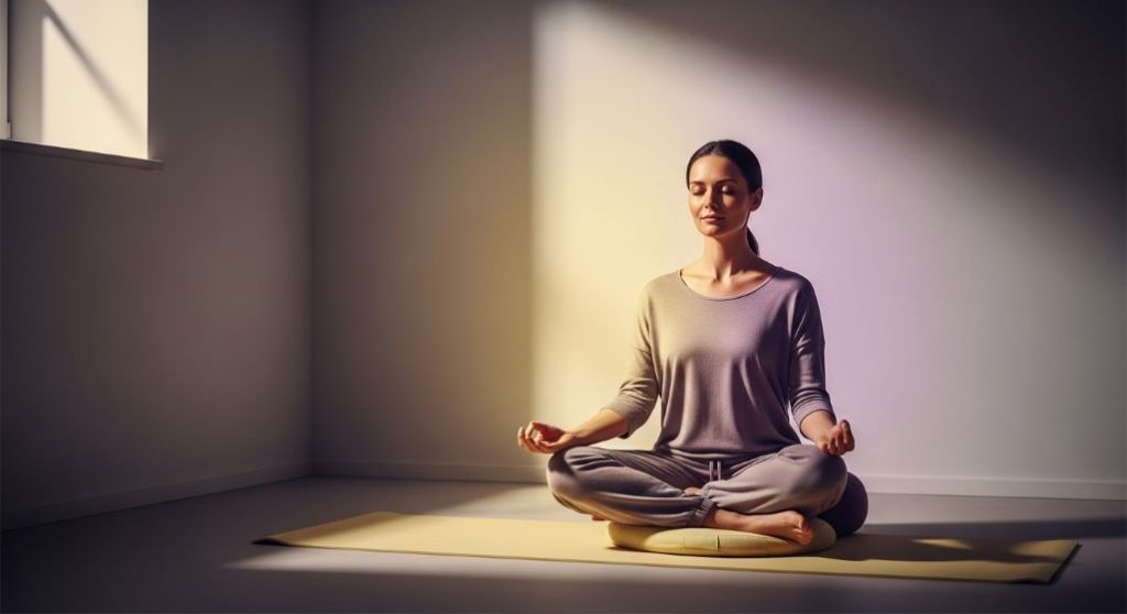 고요한 환경에서 눈을 감고 명상하는 사람의 모습. 마음 챙김과 평온을 상징합니다.고요한 환경에서 눈을 감고 명상하는 사람의 모습. 마음 챙김과 평온을 상징합니다.