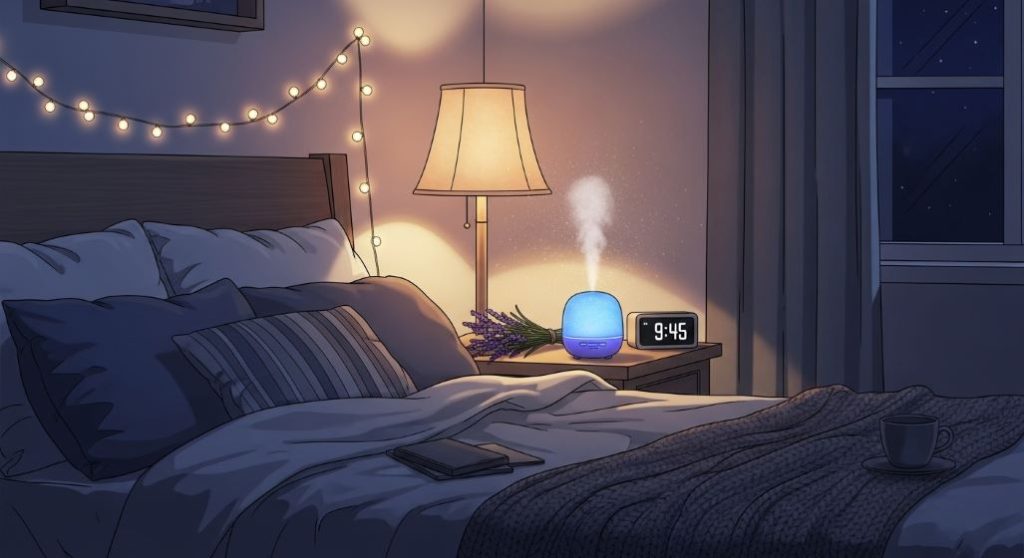 아늑한 침실에서 아로마 디퓨저가 작동하는 모습. 숙면과 편안한 밤을 위한 환경을 보여줍니다.