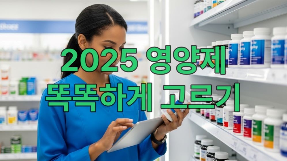 2025년 영양제 트렌드를 반영하여 현명하게 영양제를 고르는 사람이 진열대 앞에서 제품을 살펴보고 있는 모습.