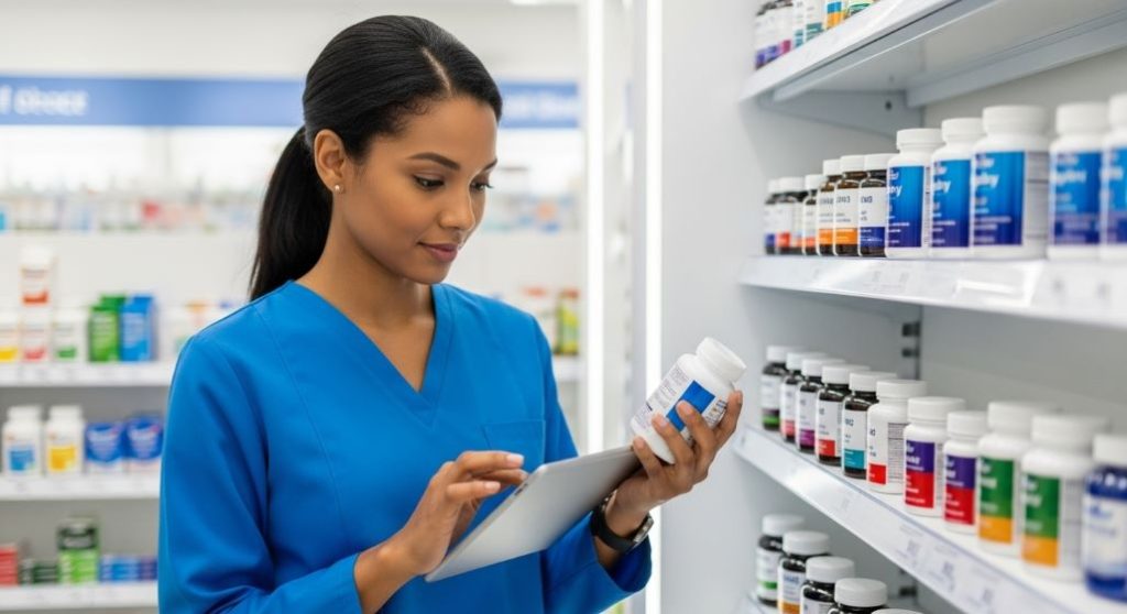 2025년 영양제 트렌드를 반영하여 현명하게 영양제를 고르는 사람이 진열대 앞에서 제품을 살펴보고 있는 모습.