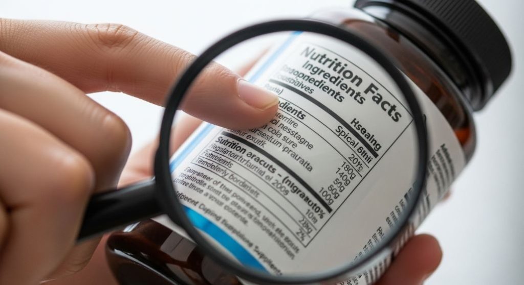 영양제 병의 성분표 라벨을 꼼꼼하게 읽고 있는 손의 클로즈업. 성분 확인의 중요성을 강조합니다.