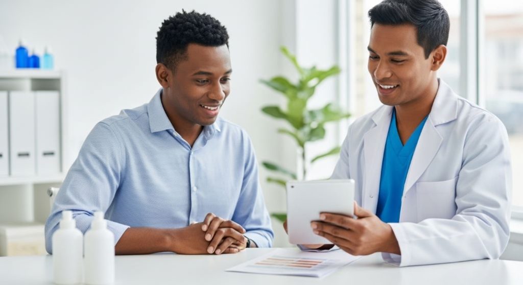 환자와 약사 또는 의사가 태블릿을 보며 영양제에 대해 상담하고 있는 모습. 전문가와 상담하는 지혜를 나타냅니다.