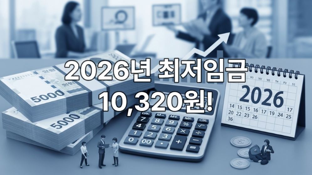 2026년 최저임금 10,320원이 표시된 계산기와 한국 지폐, 달력이 함께 있는 재정 계획 이미지