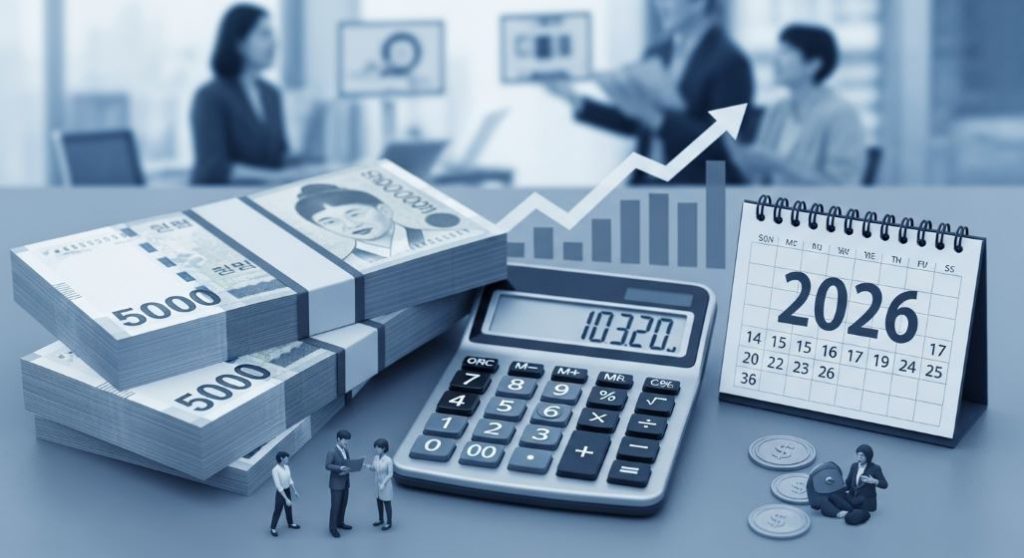 2026년 최저임금 10,320원이 표시된 계산기와 한국 지폐, 달력이 함께 있는 재정 계획 이미지