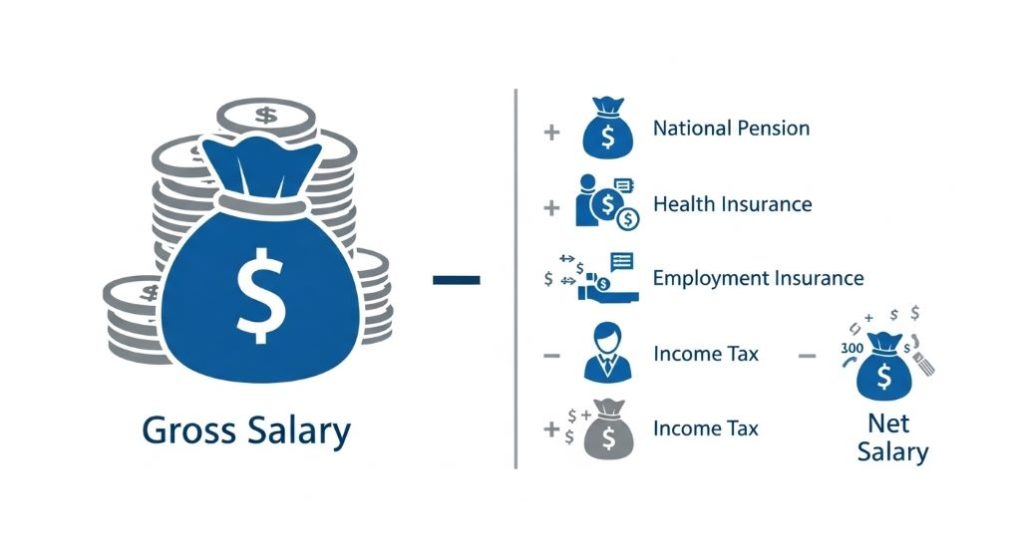 월급에서 국민연금, 건강보험, 고용보험, 세금이 공제되어 실수령액이 줄어드는 과정을 보여주는 인포그래픽