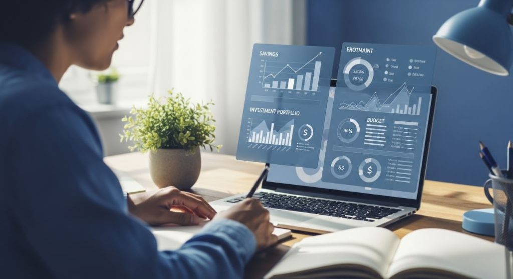 노트북으로 재정 차트를 분석하며 미래를 위한 투자와 자기계발을 고민하는 사람의 모습