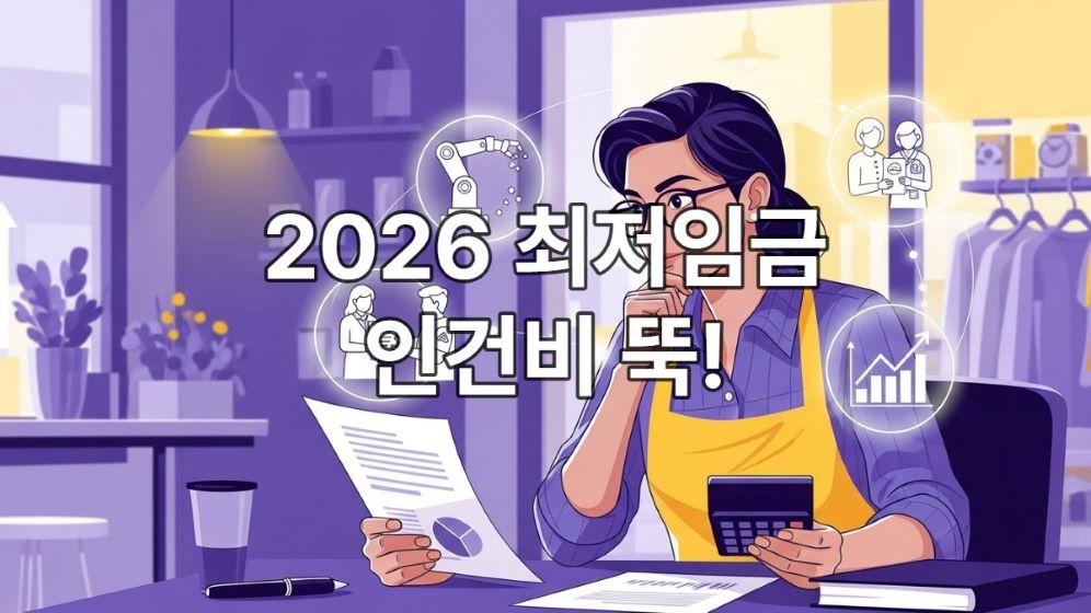계산기와 서류를 보며 인건비 절감 전략을 고민하는 자영업자, 주변에 자동화 로봇, 정부 지원금, 효율성 그래프 아이콘이 떠오르는 모습