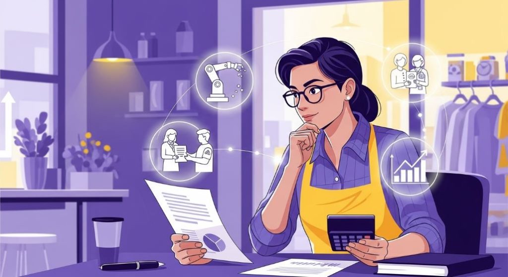 계산기와 서류를 보며 인건비 절감 전략을 고민하는 자영업자, 주변에 자동화 로봇, 정부 지원금, 효율성 그래프 아이콘이 떠오르는 모습