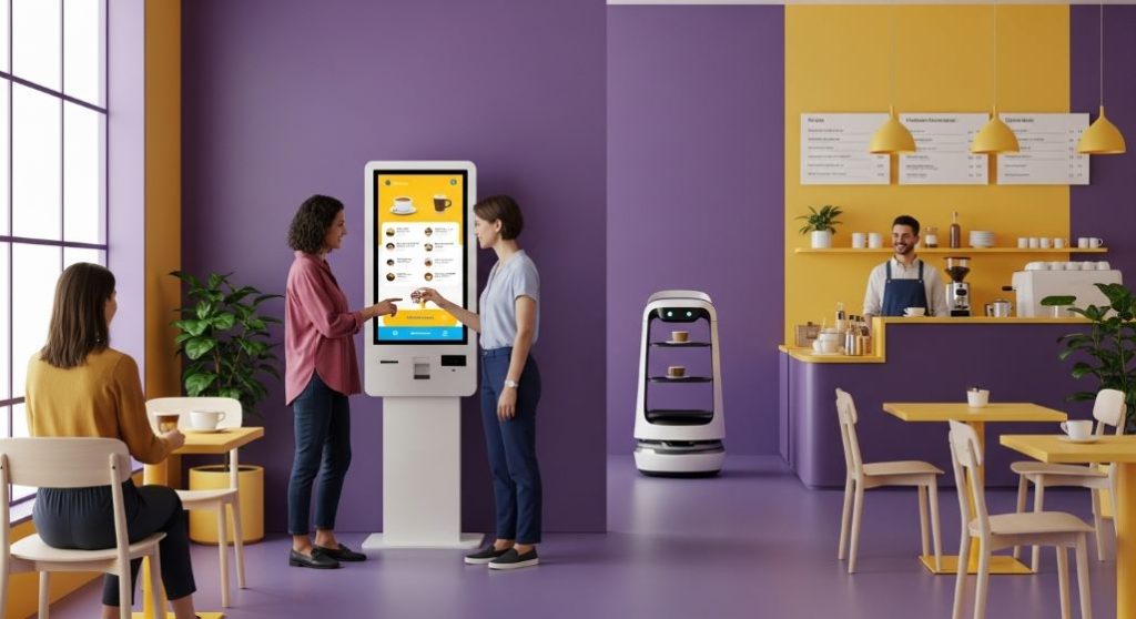 키오스크와 서빙 로봇을 통해 자동화된 시스템으로 효율성을 높인 현대적인 상점 내부