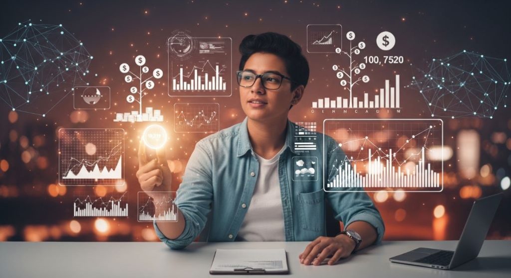 MZ세대가 최저임금 10,320원으로 스마트 재테크를 시작하며 밝은 미래를 꿈꾸는 모습