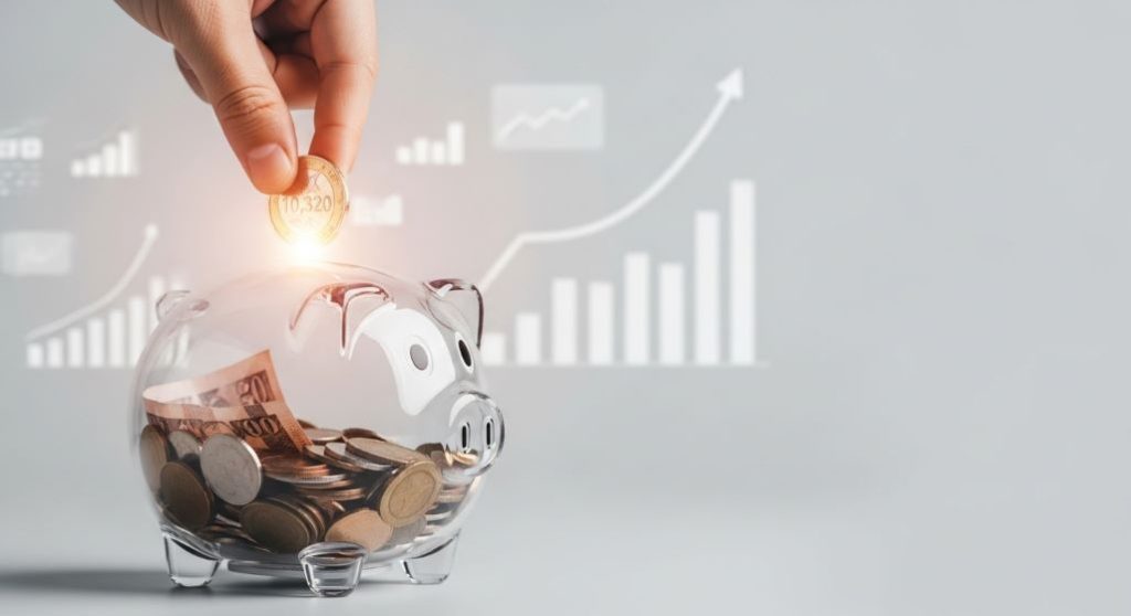 손이 10,320원 동전을 저금통에 넣는 모습으로 소액 저축의 시작을 나타냄