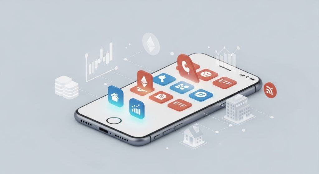 스마트폰 앱을 통해 주식, 코인, ETF 등 다양한 디지털 투자 상품을 관리하는 이미지