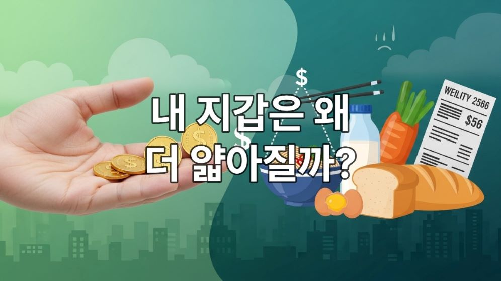 최저임금 인상과 물가 상승의 괴리를 시각적으로 보여주는 이미지. 늘어난 최저임금을 상징하는 동전과 함께 치솟은 짜장면, 식료품, 공과금 등이 대비되어 실질 구매력의 감소를 암시합니다.