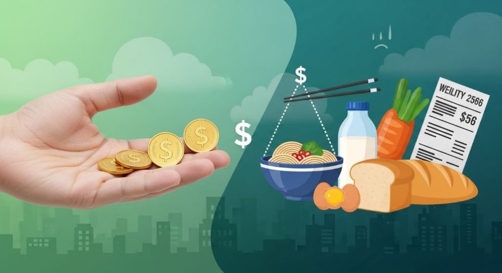 최저임금 인상과 물가 상승의 괴리를 시각적으로 보여주는 이미지. 늘어난 최저임금을 상징하는 동전과 함께 치솟은 짜장면, 식료품, 공과금 등이 대비되어 실질 구매력의 감소를 암시합니다.