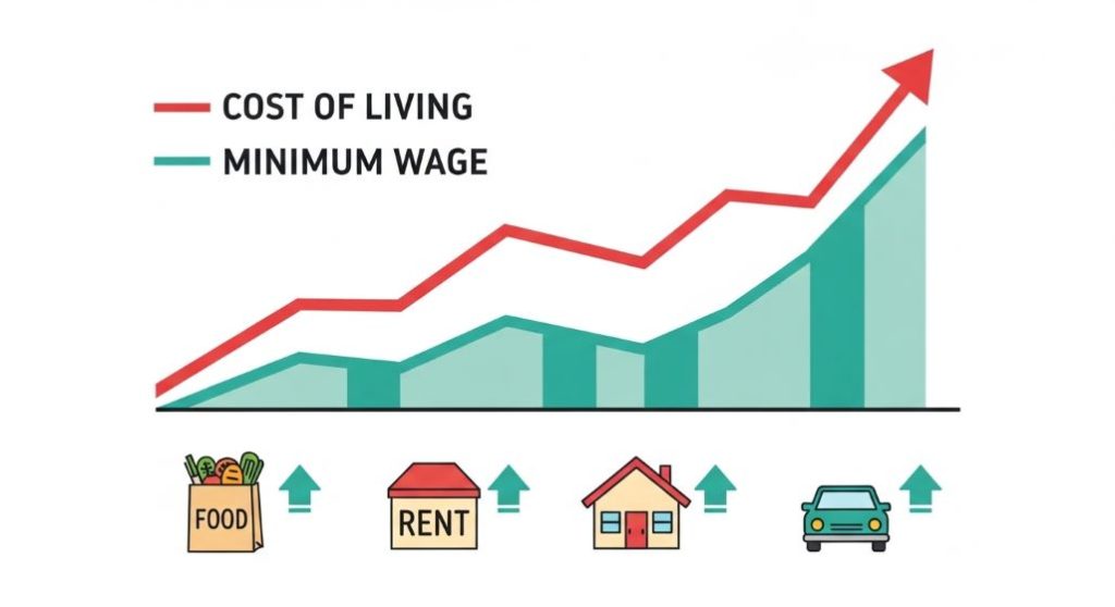 물가 상승률과 최저임금 인상률의 격차를 보여주는 인포그래픽 그래프. 치솟는 물가와 비교적 완만한 최저임금 상승이 대비됩니다.