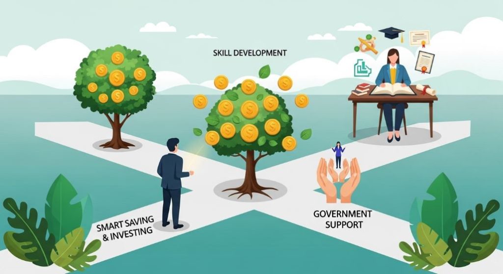 최저임금 시대에 개인들이 경제적 난관을 헤쳐나갈 수 있는 스마트한 절약, 투자, 자기계발, 정부 지원 활용 방법을 상징하는 일러스트.