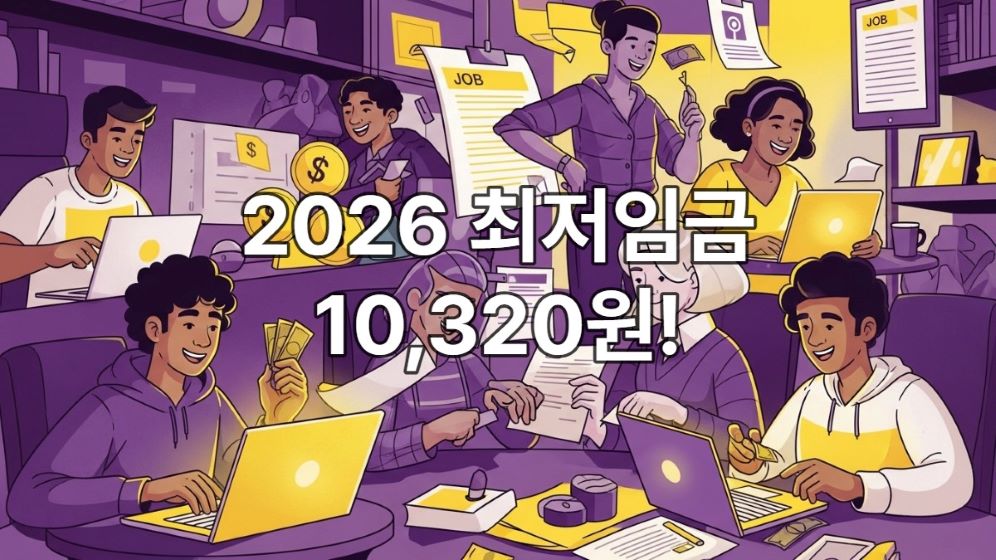 젊은이들이 노트북으로 알바 정보를 찾거나 수입을 확인하며 활기차게 소통하는 모습, 2026년 최저임금 인상과 고소득 알바 전략을 상징하는 밝고 희망찬 분위기
