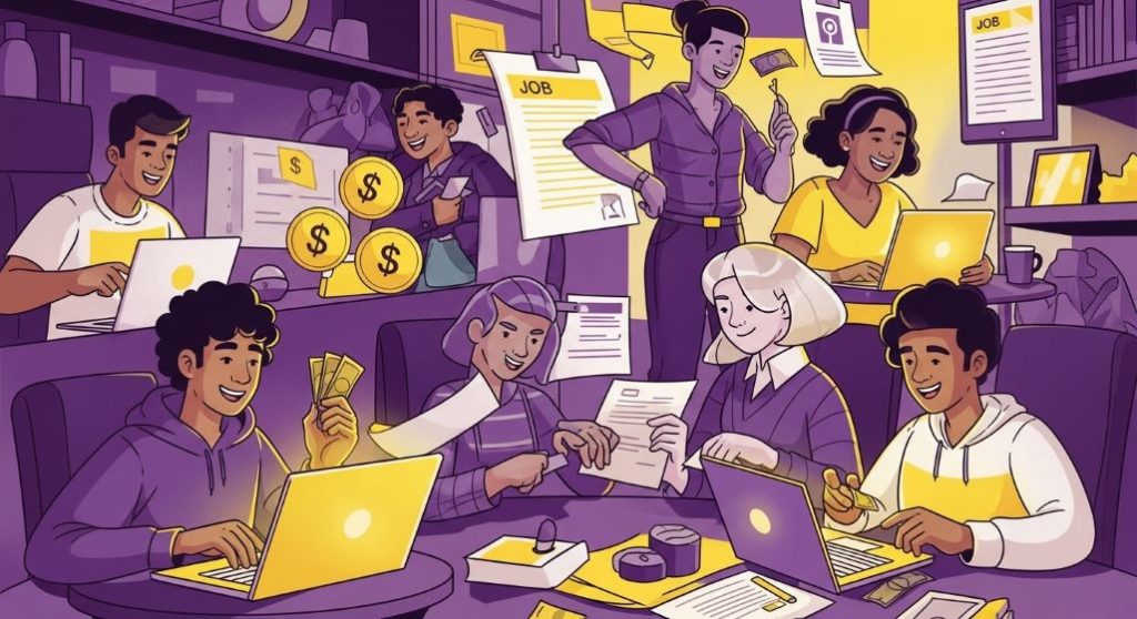 젊은이들이 노트북으로 알바 정보를 찾거나 수입을 확인하며 활기차게 소통하는 모습, 2026년 최저임금 인상과 고소득 알바 전략을 상징하는 밝고 희망찬 분위기