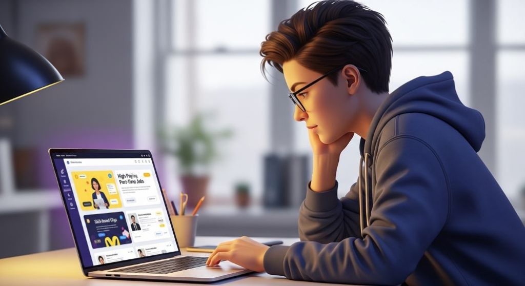 책상에 앉아 노트북으로 고소득 알바를 적극적으로 검색하고 있는 젊은 사람의 모습