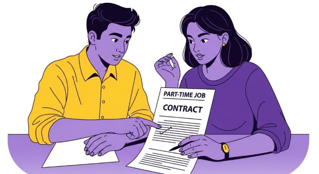 두 사람이 근로계약서를 꼼꼼히 검토하며 알바 권리에 대해 이야기하는 모습