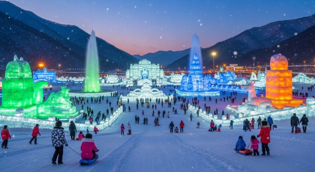 2025년 청양 알프스마을 얼음분수축제의 야경. 칠갑산의 설원 위로 거대한 얼음 분수와 조각들이 초록, 파랑, 주황색 조명으로 빛나며 환상적인 겨울 풍경을 연출하고 있다. 가족 단위 방문객들이 눈썰매를 타거나 얼음 조각을 감상하며 즐거운 시간을 보내고 있다.