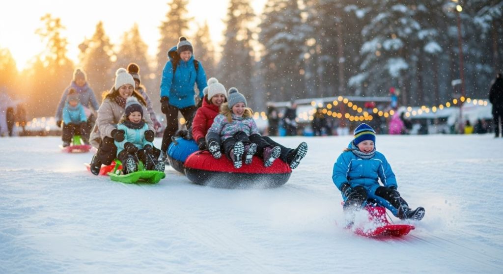 아이들과 가족들이 눈썰매장에서 신나게 눈썰매를 타고 있는 활기찬 모습. 하얀 설원 위에서 웃음꽃이 피어난다.